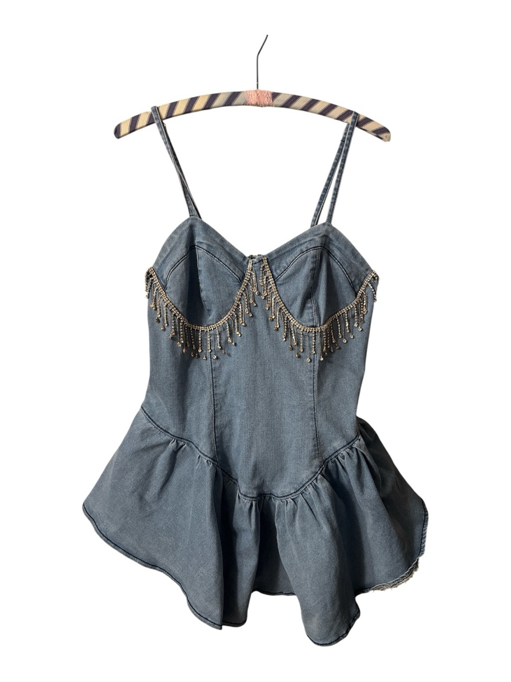 SHEIN Curve XXL Light Blue Denim Top with Rhinestone Fringe